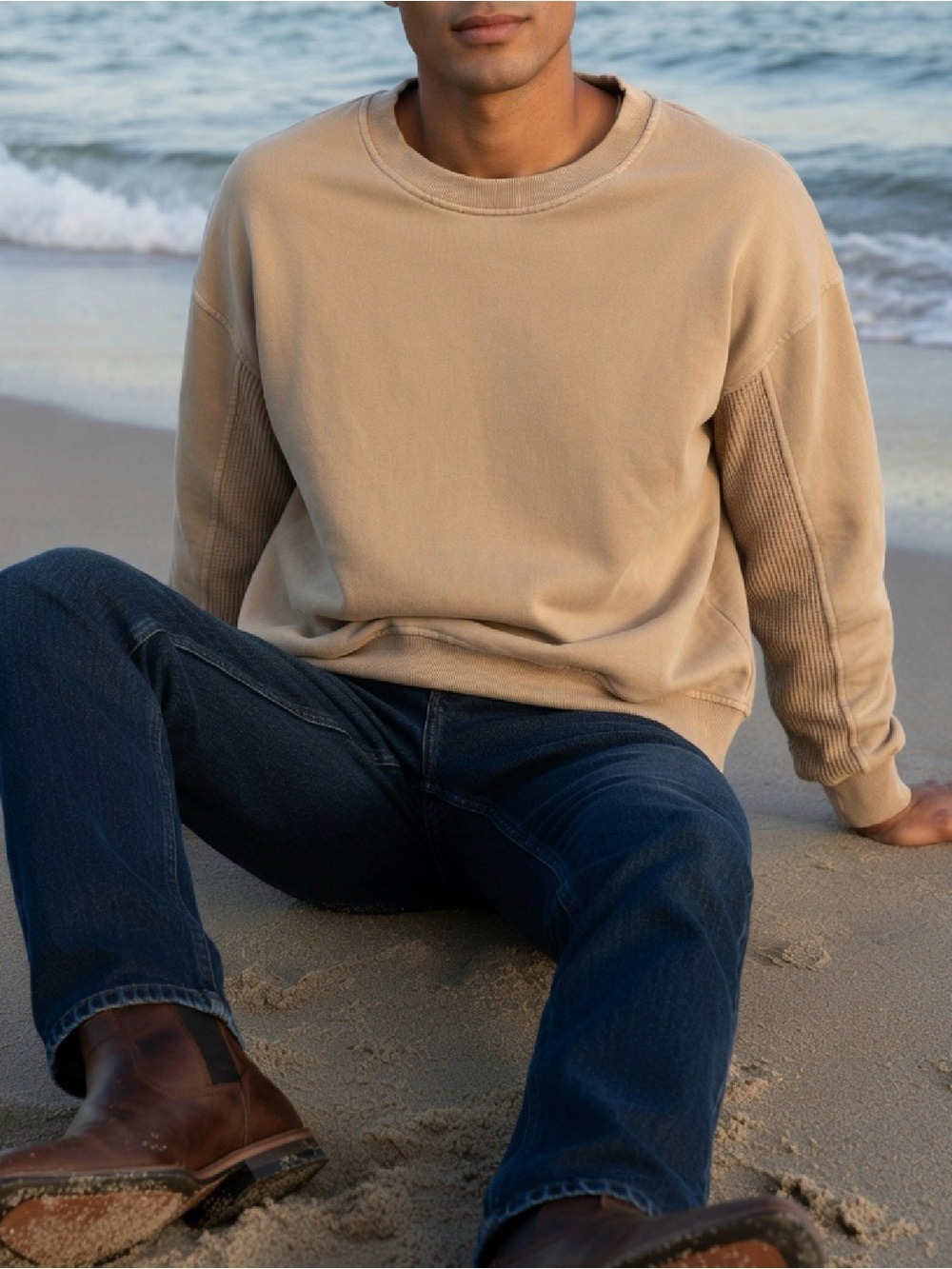RAE MODE CAMEL OVERSIZED WAFFLE KNIT CREWNECK PULLOVER